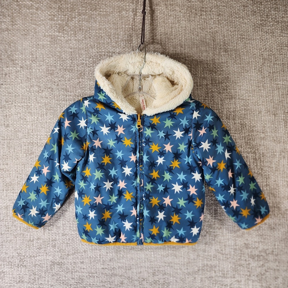 Hanna Andersson Star Print Jacket Kids US 4Blue Faux Sherpa Lined Hooded Zip
